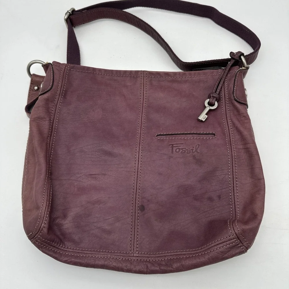 Fossil Crossbody Purple Leather Purse Hobo Boho Paisley-Lined Slouchy Bag VGT